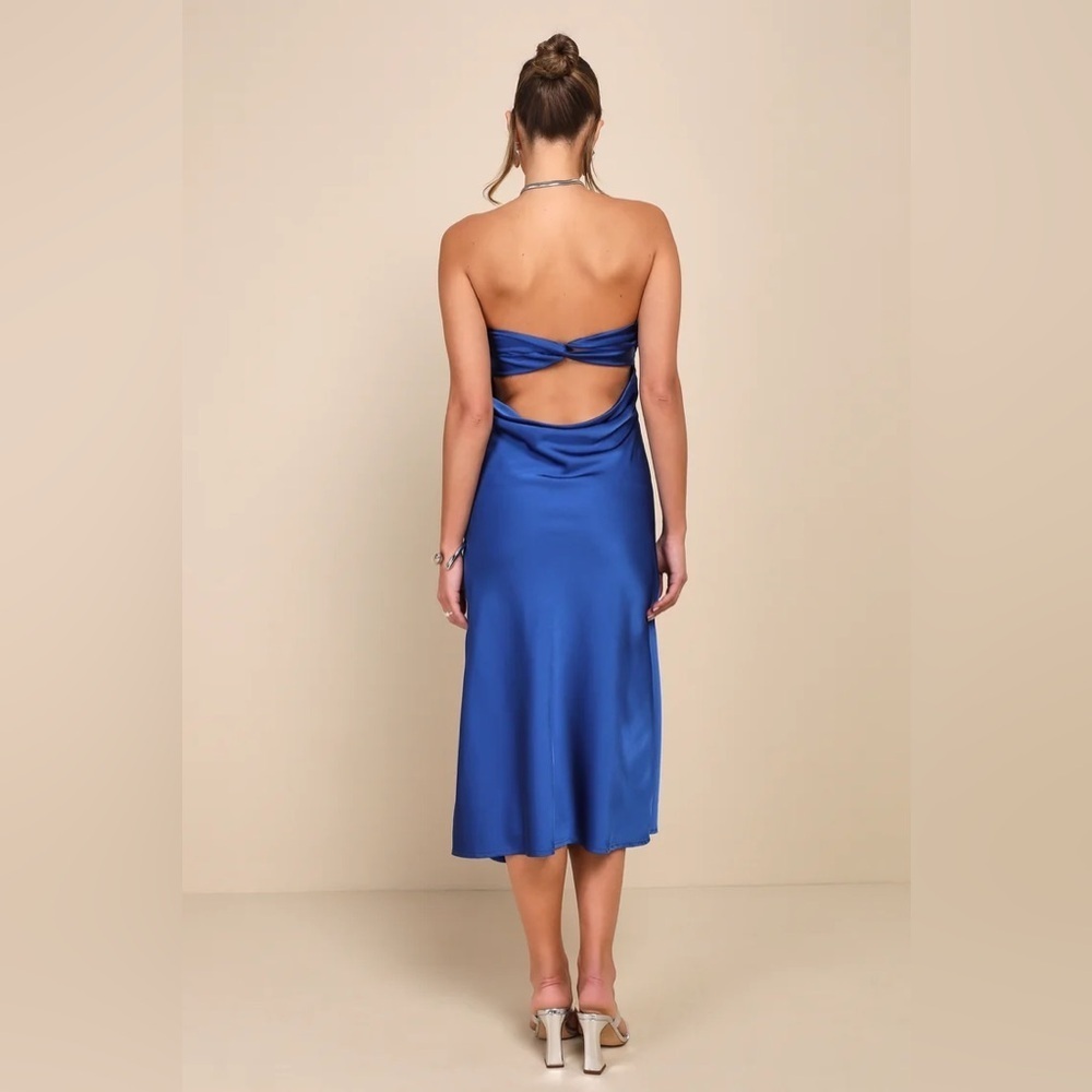 Lulus Effortless Bliss Royal Blue Satin Strapless Cowl Back Midi Dress - Picture 2 of 8